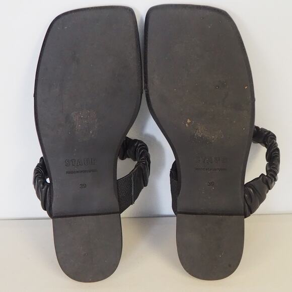 Staud Ava Leather Sandals Black Women's Size 39 UK 9 US T-Strap Ruched - Picture 9 of 10